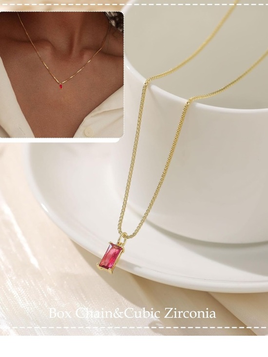 Jewelry - Gold Necklace with Pink Rectangular Cubic Zirconia Pendant - Women Jewelry
